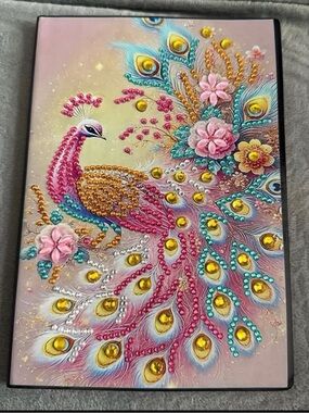 Finished Embellished Peacock Notebook Art in Pink, Gold & Teal